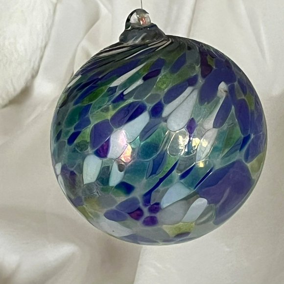Hand-Blown Large Glass Ornament Shades of Blue Iridescent 4-1/2" Round - Picture 6 of 6